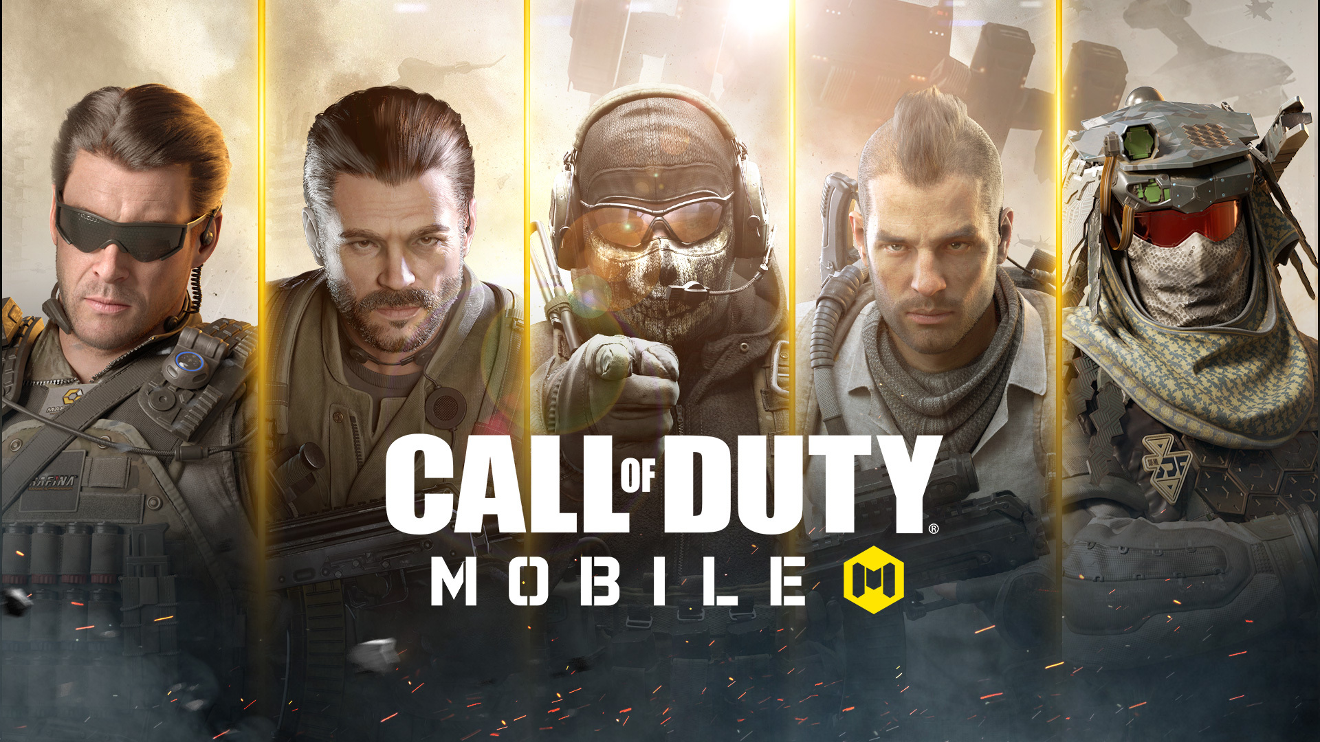 Call of Duty Mobile gameplay screenshot showing 5v5 multiplayer battle with futuristic soldiers and weapons, action-packed scene with explosions and tactical combat